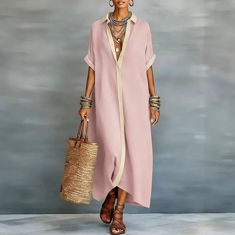 Chic women's button-down maxi shirt dress. Effortless and versatile style for elegant or casual spring/summer fashion.
