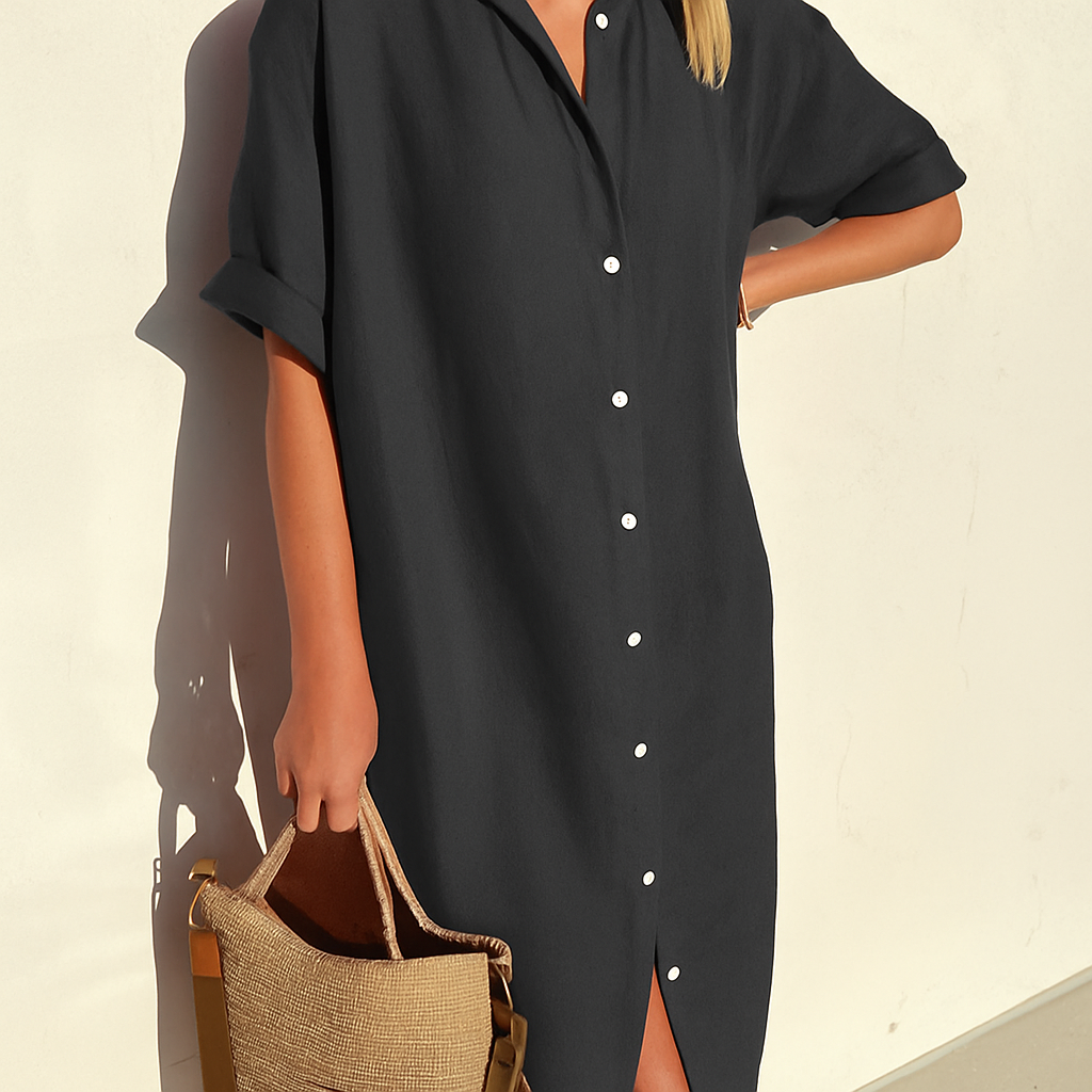 Relaxed fit button-down midi shirt dress for women, ideal vacation wear & elegant everyday style.