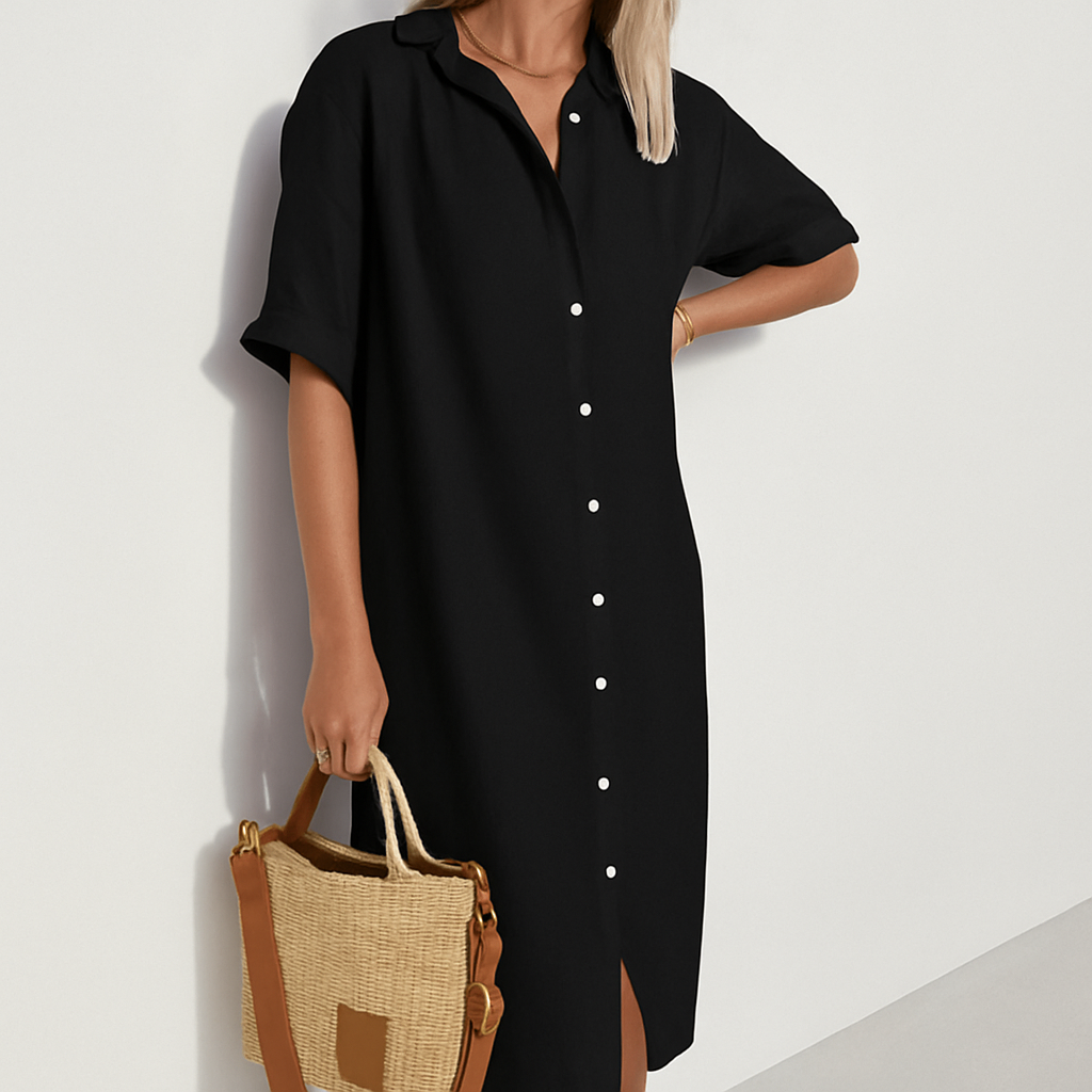 Women's casual button-down midi shirt dress. Ideal for summer, spring, vacation, and everyday elegant wear.