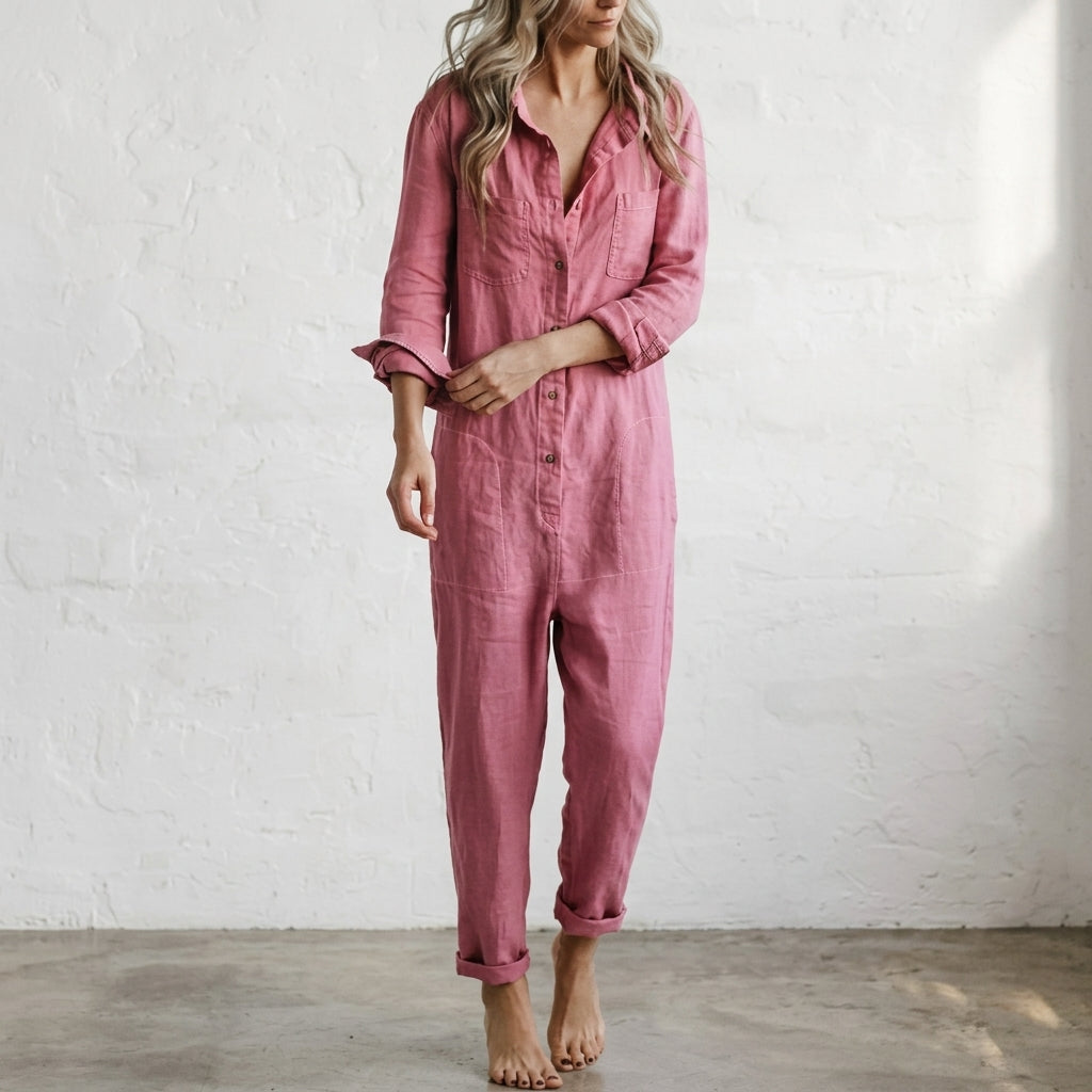 Elegant women's button-front jumpsuit. Versatile for casual or formal, all occasions. Comfortable relaxed fit.