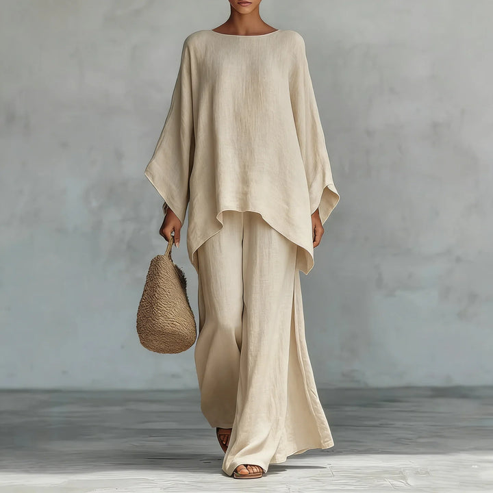Effortless women's linen blend two-piece set. Summer outfit with wide-leg pants & an oversized top. Comfortable vacation wear.