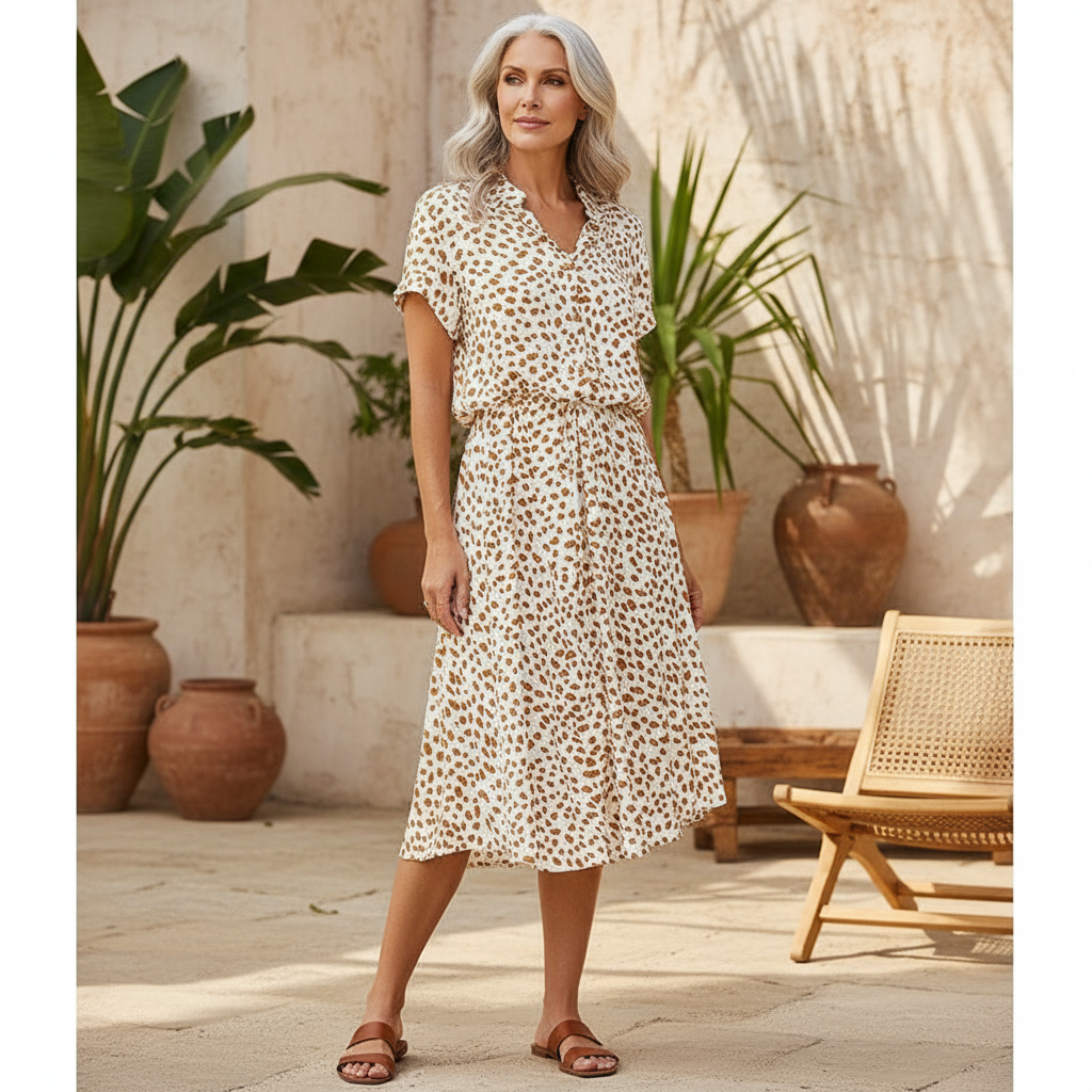 Women's effortless printed midi summer dress, comfortable and flowy, perfect for casual wear or vacation.
