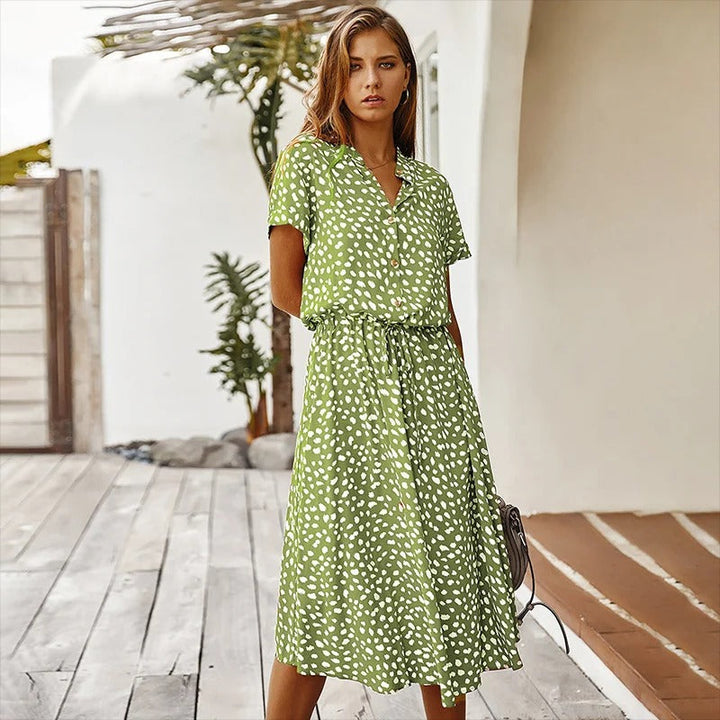 Versatile women's printed midi summer dress, great for casual outings, beach vacations, or resort wear.