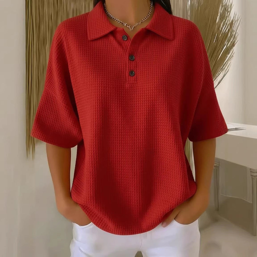 Polo neck women's waffle knit blouse, short sleeve, loose fit. Perfect everyday top for women.
