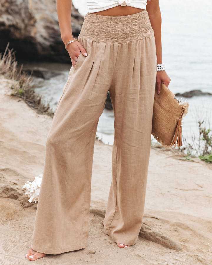 Women's effortless wide leg beach pants with elastic waist. Perfect for summer, resort wear & vacation.
