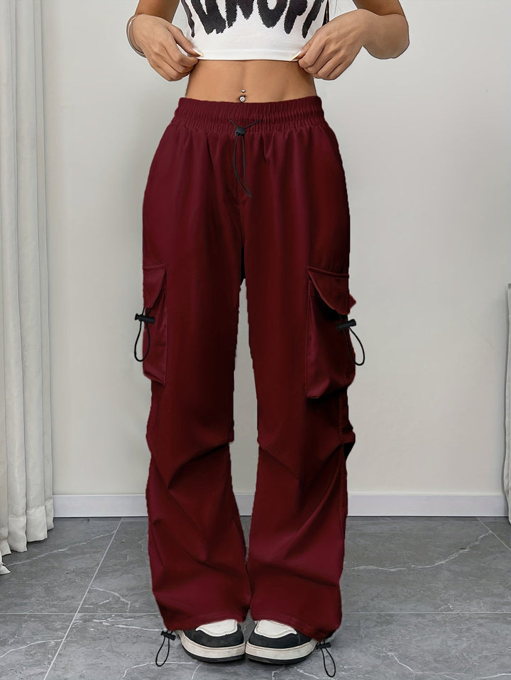 Stylish women's wide leg cargo pants with relaxed fit, drawstring waist. Great for casual & streetwear outfits.