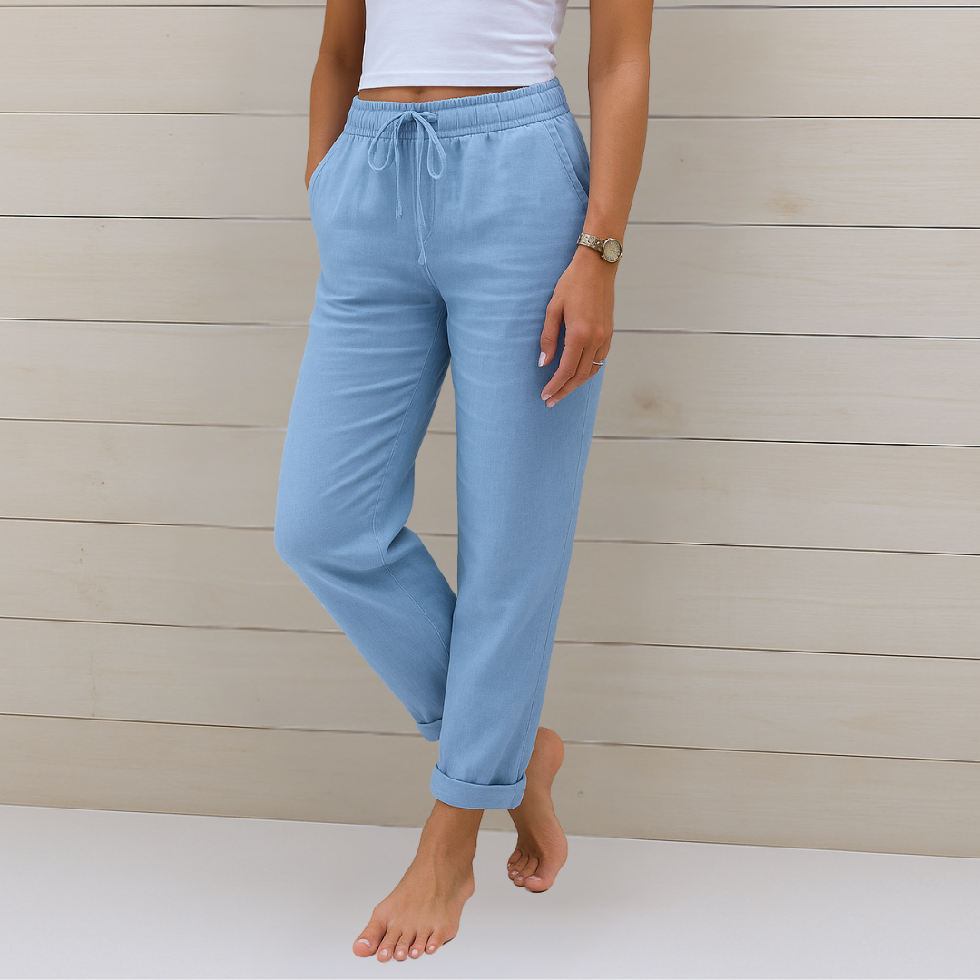 Women's elastic waist drawstring ankle pants with a straight leg fit, perfect for casual or chic everyday wear.