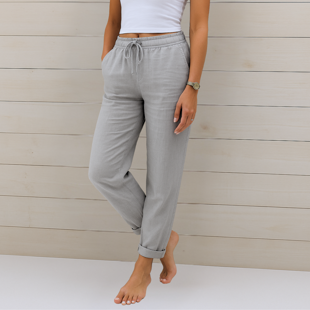 Effortless women's straight leg ankle pants with an elastic waist and drawstring, perfect for a relaxed fit.