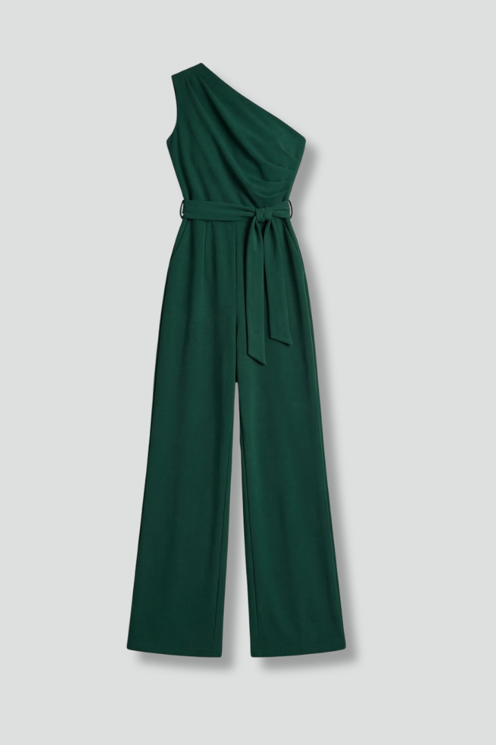 Women's elegant asymmetric neckline jumpsuit with wide leg and waist belt, perfect for modern fashion.