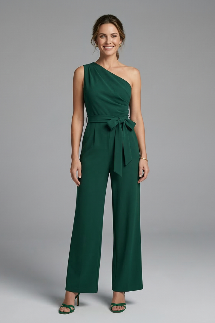 Chic sleeveless women's jumpsuit, featuring an asymmetric neckline, wide-leg design, & matching waist belt.