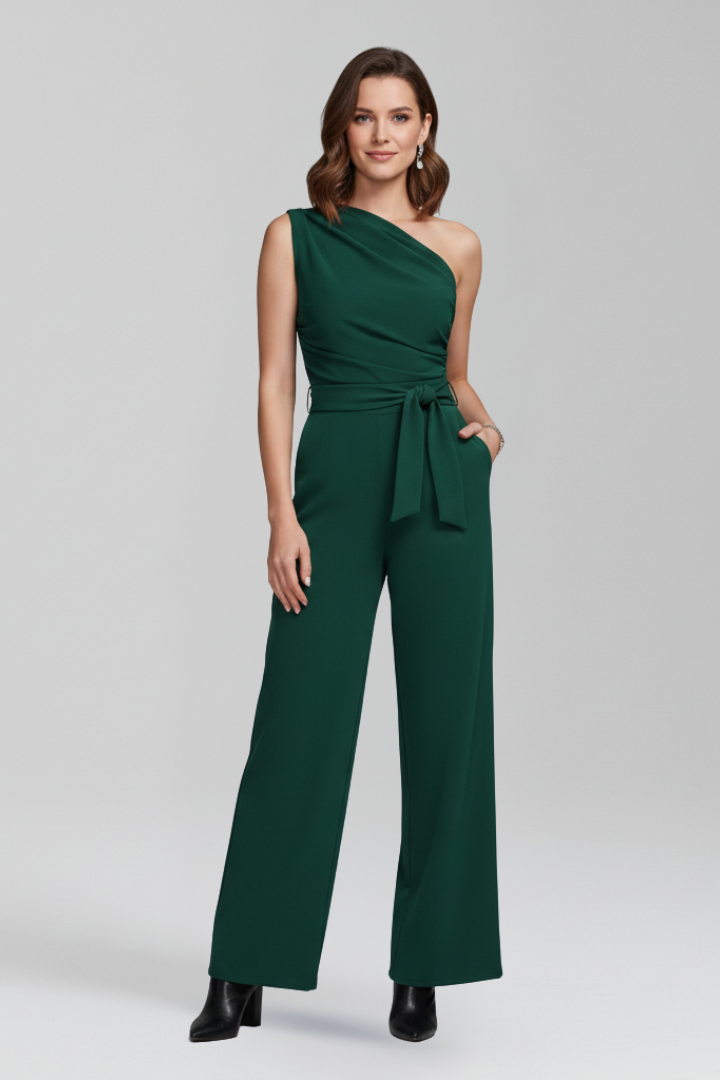Women's fashion-forward jumpsuit, sleeveless, with an elegant asymmetric neckline & figure-flattering waist belt.