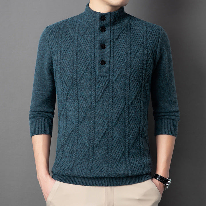 Close-up of diamond knit texture on a women's button-up cardigan, highlighting craftsmanship