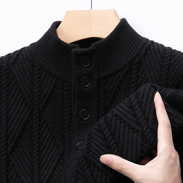 Detailed shot of the button-up closure on a fashionable women's diamond knit cardigan