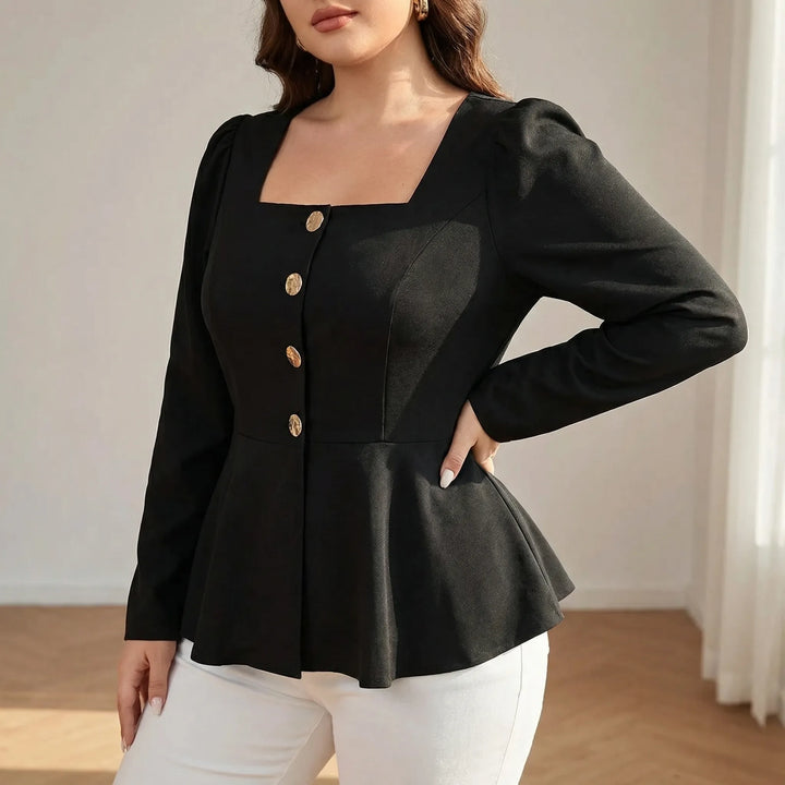 Women's elegant black peplum top with square neckline, long sleeves, and flattering button front. Perfect for formal or casual chic.