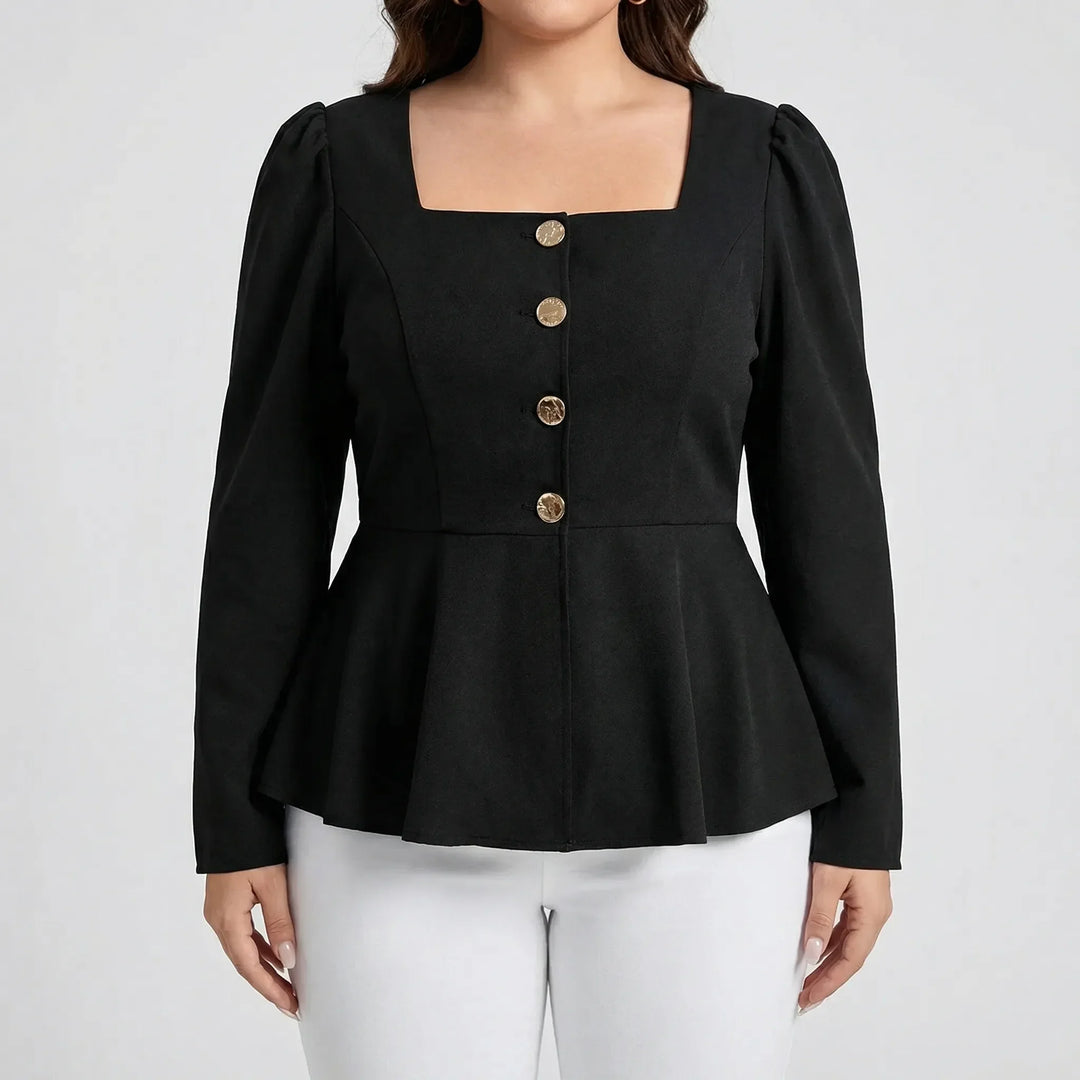 Structured women's peplum top with a flattering fit, square neckline, and long sleeves. Elegant and versatile blouse.