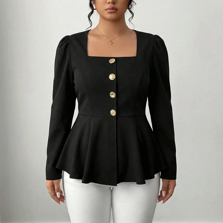Chic women's long sleeve peplum top with a square neckline, structured design, and flattering fit. Ideal as a formal blouse.