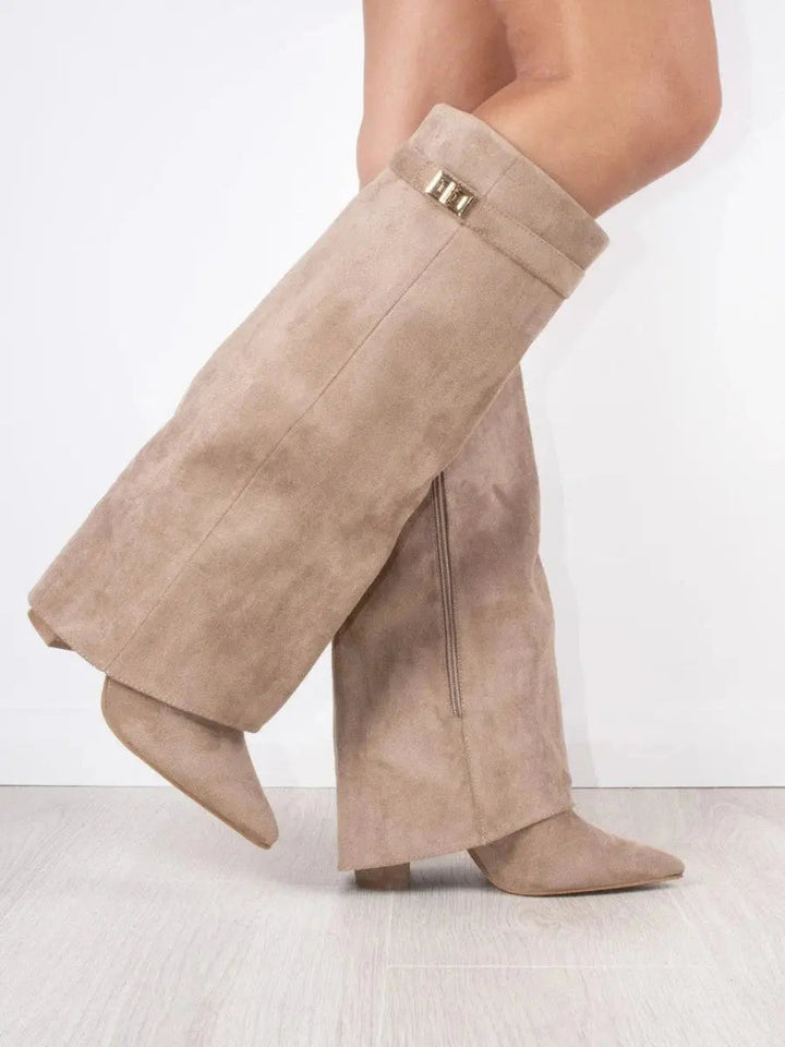 Fashionable beige pointed toe knee-high boots for women, featuring a comfortable wedge heel.