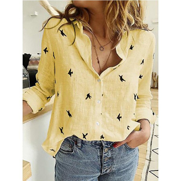 Elegant bird print women's blouse, comfortable long-sleeve. Relaxed fit, versatile for casual or office.