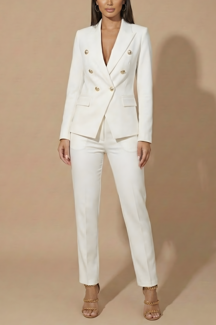 Sophisticated women's double-breasted blazer and tailored trouser set, a must-have for professional fashion.