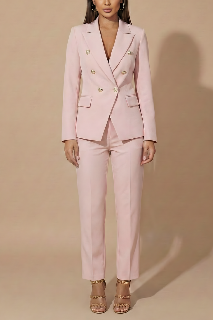 Complete women's formal wear: double-breasted blazer & tailored trouser suit for business or special events.