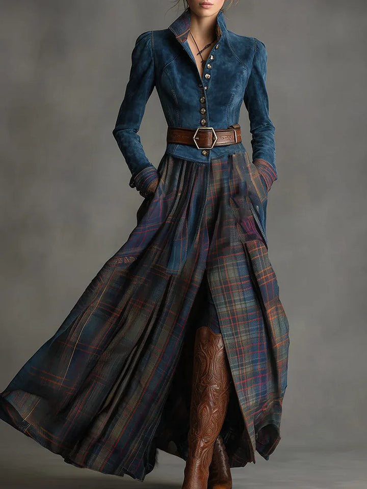 Bohemian-inspired women's fitted maxi dress, featuring a classy plaid skirt, stand collar, and button details.