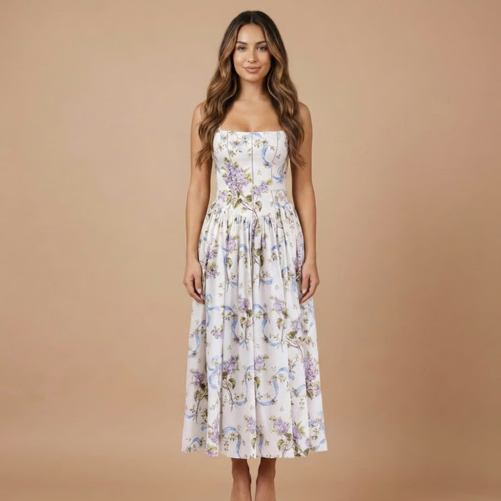 Women's elegant floral corset midi dress with straight neck, perfect for wedding guests or garden parties.