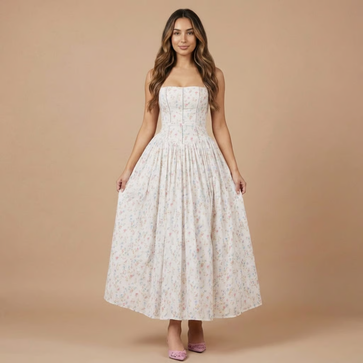 Sleeveless floral midi dress with an elegant corset bodice and straight neck, perfect for summer occasions.