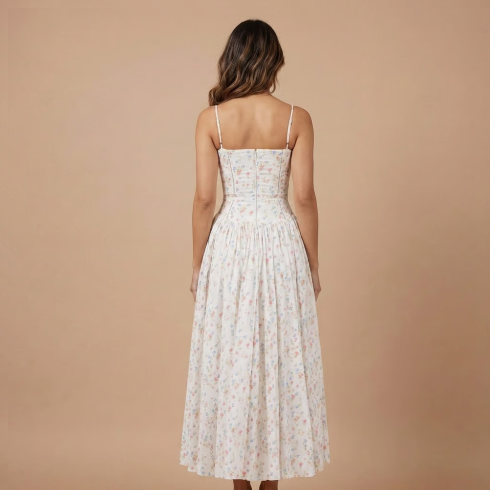 Chic women's floral midi dress, corset design, straight neck. Ideal for summer garden parties & elegant events.