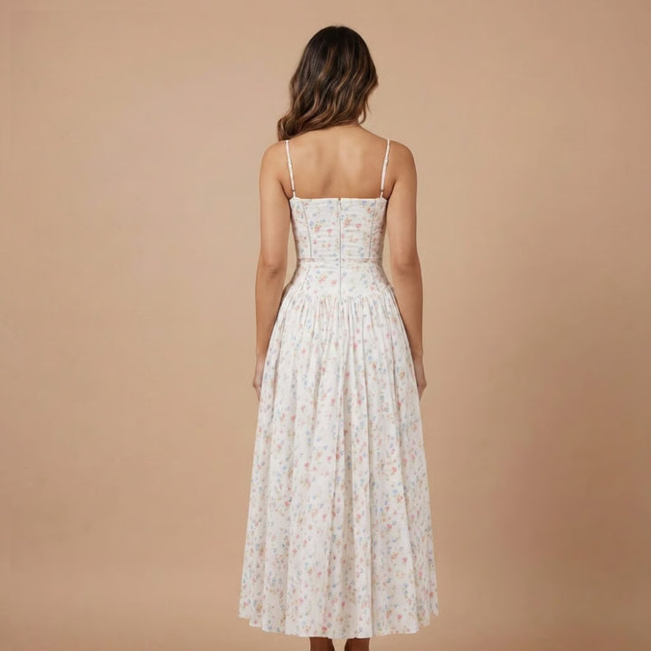 Chic women's floral midi dress, corset design, straight neck. Ideal for summer garden parties & elegant events.