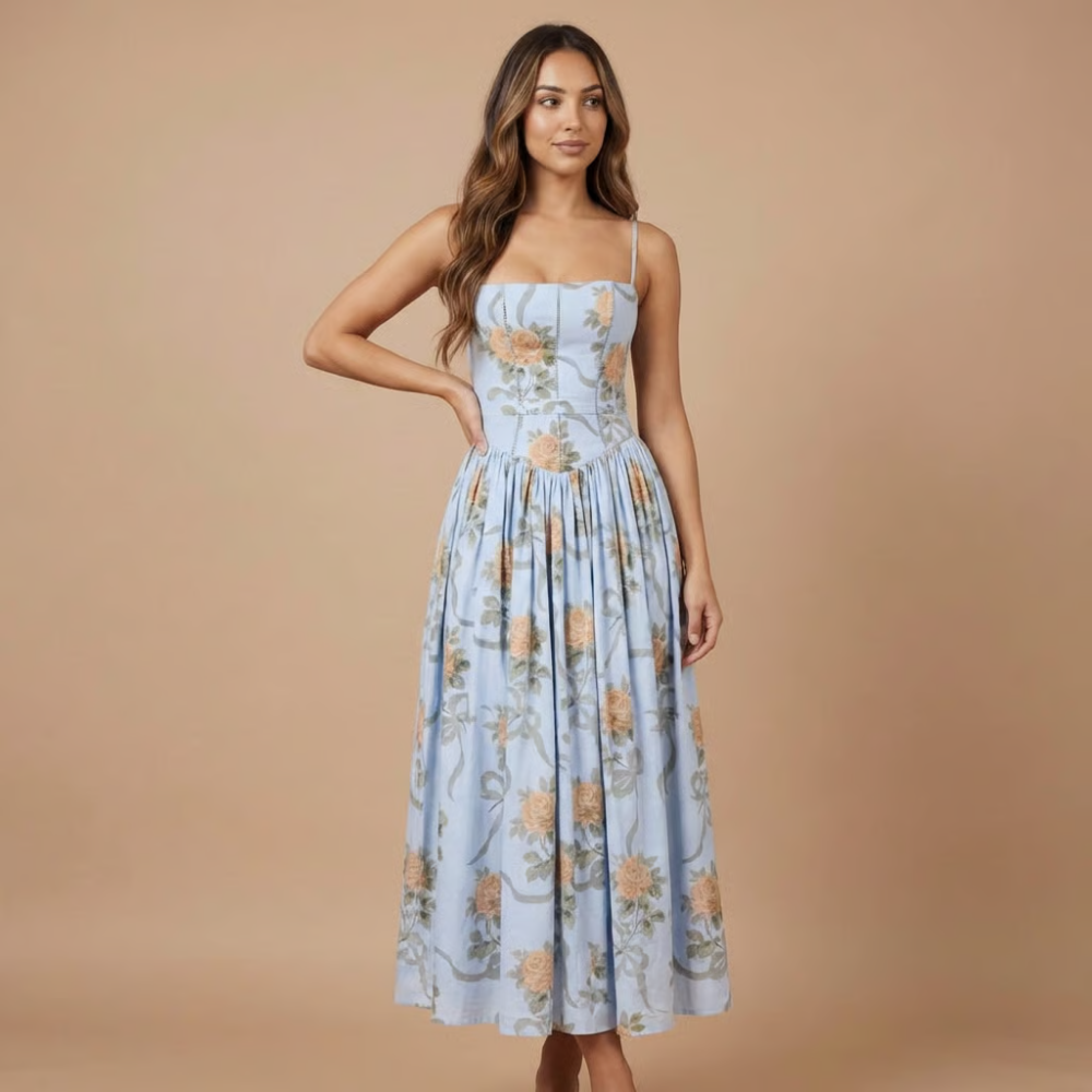 Fitted floral corset midi dress for women, elegant straight neck. A perfect sleeveless choice for special occasions.