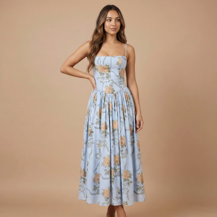 Fitted floral corset midi dress for women, elegant straight neck. A perfect sleeveless choice for special occasions.