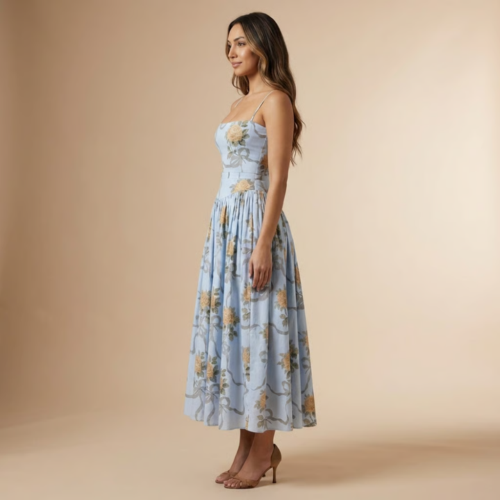 Elegant women's floral midi dress with a stylish corset top, straight neckline. Perfect for formal summer events.