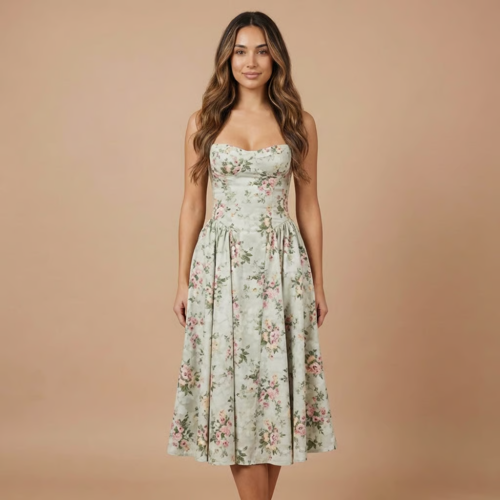 Women's sleeveless floral midi dress with a flattering corset, straight neck. Great for wedding guests & cocktail parties.