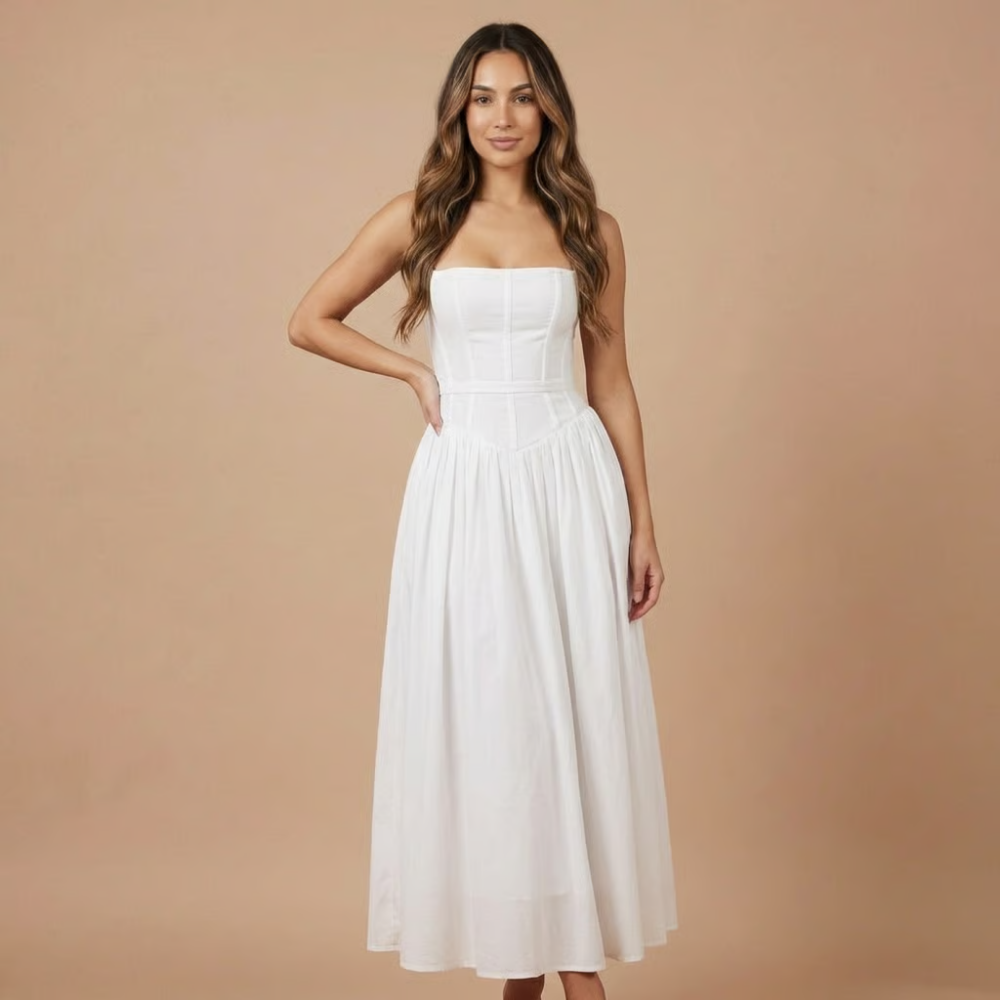 Sophisticated women's floral midi dress with a corset bodice, straight neck. Ideal elegant choice for special events.