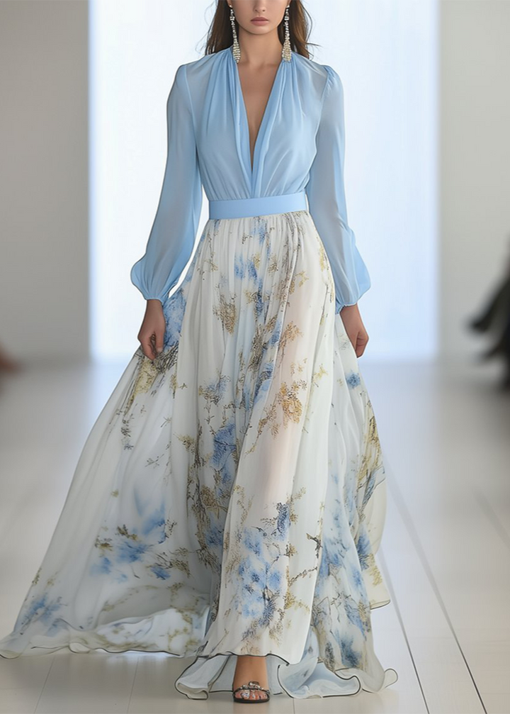 Women's elegant floral maxi dress with deep V-neck and long sleeves, perfect for events or casual wear.