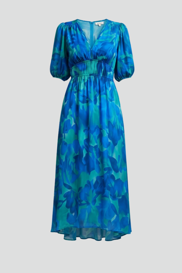 Women's elegant floral print midi dress with puff sleeves & V-neck, perfect for summer casual chic or spring occasions.
