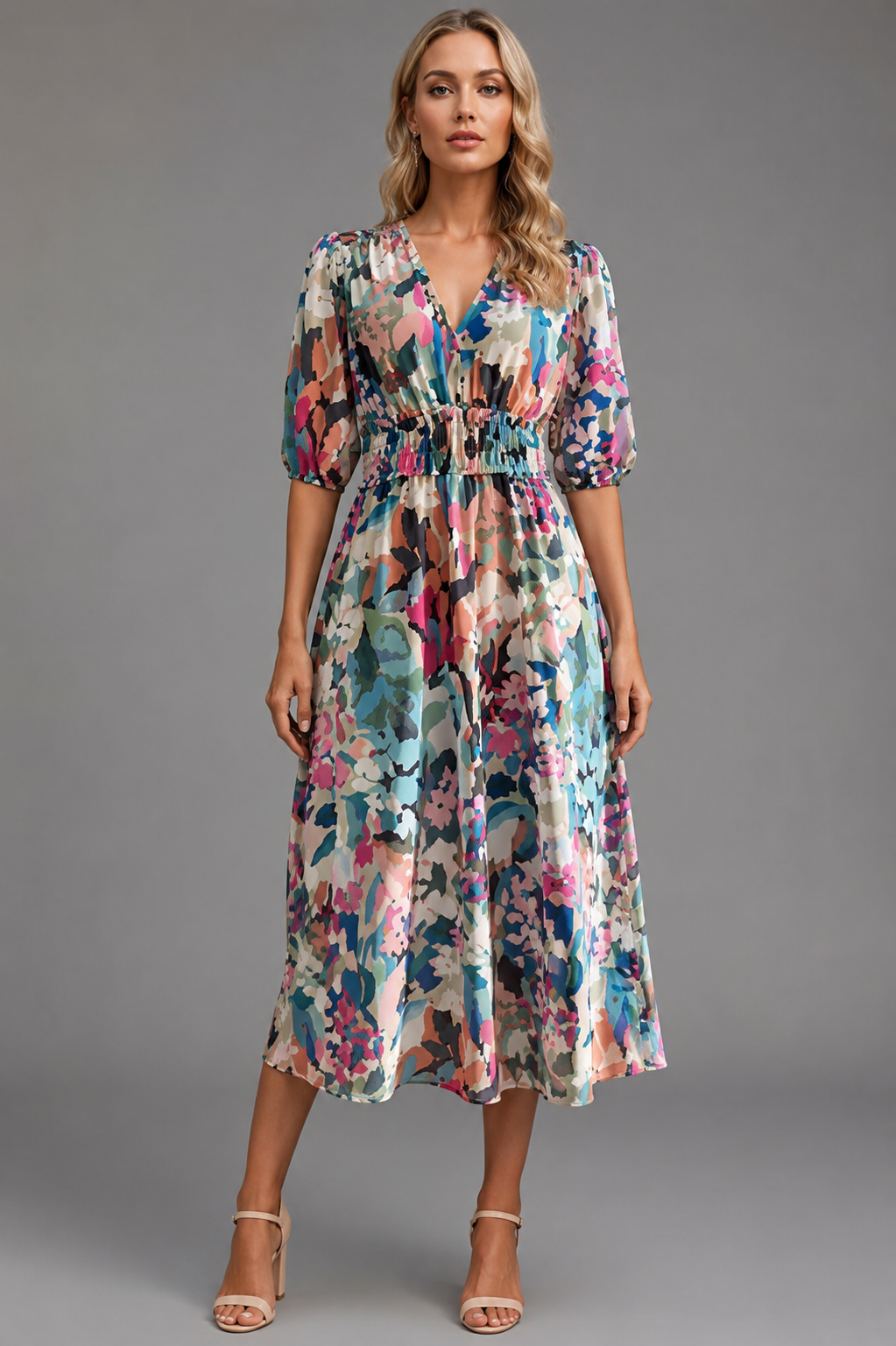Stylish women's floral midi dress with elegant puff sleeves, V-neck, and elastic waist for effortless summer style.
