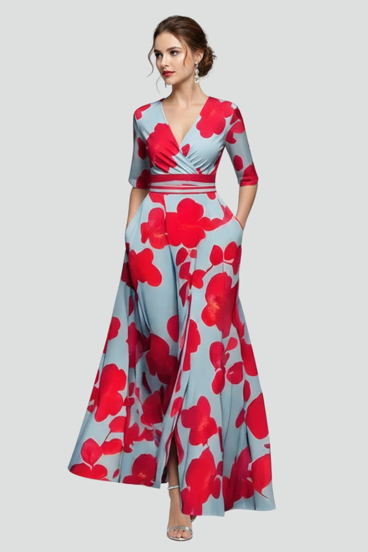 Flowy women's summer day dress with an eye-catching floral print, V-neck, and elegant long flared skirt.