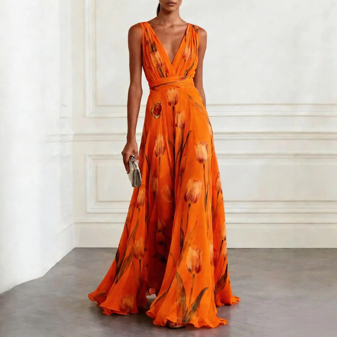 Lightweight summer floral tulip print maxi dress for women, featuring a flattering deep V-neck and elegant style.