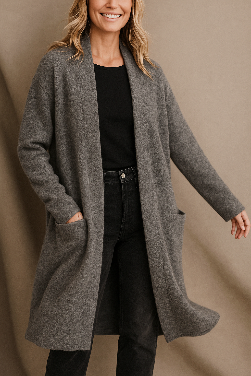 Full shot of a woman wearing an elegant knit cardigan, styled for a casual fall look