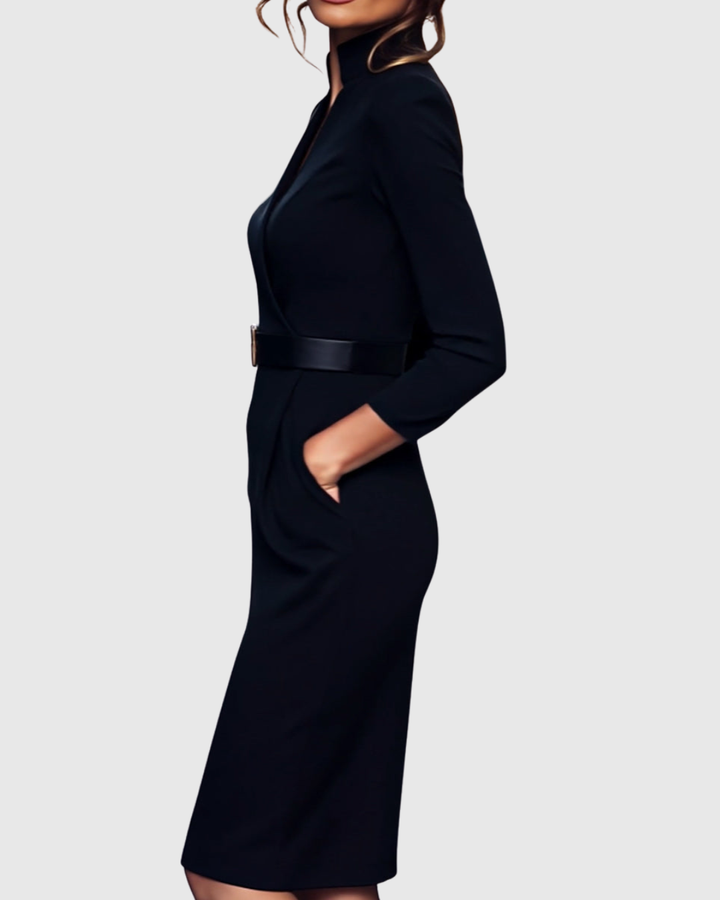 Belted wrap midi dress, an elegant long sleeve women's office attire, featuring a refined silhouette.