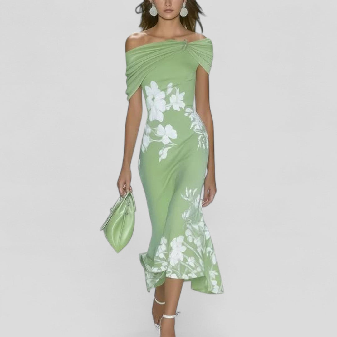 Women's elegant midi dress featuring a unique, vibrant print. Perfect for parties, evening wear, or casual chic styling.