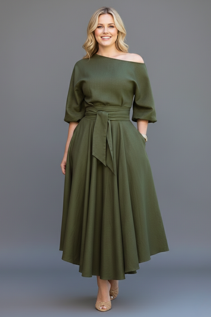 Chic women's off-shoulder midi dress with elegant lantern sleeves, ideal for cocktail parties & special events.