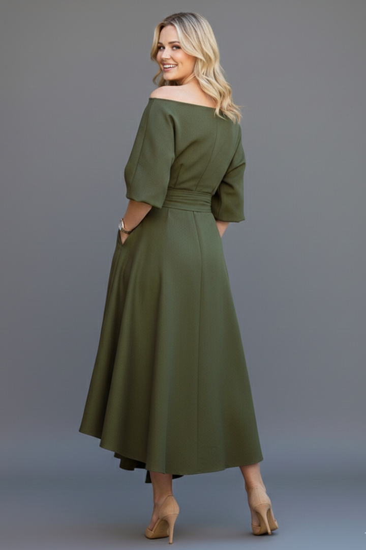 Women's chic off-shoulder midi cocktail dress with graceful lantern sleeves, suitable for special occasions.