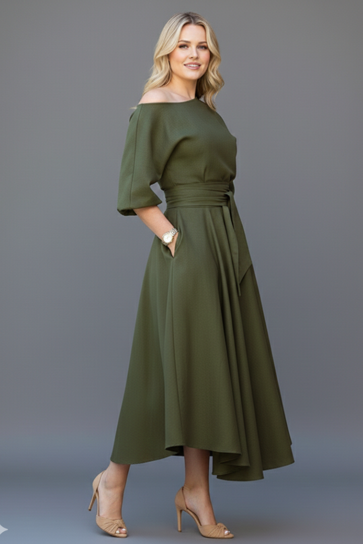 Stylish women's off-shoulder midi dress with flattering defined waist and voluminous lantern sleeves.