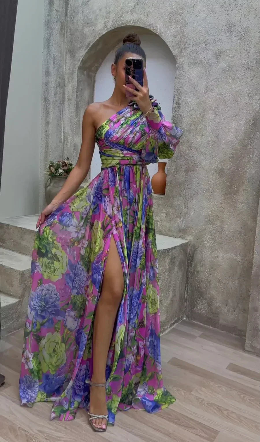Women's elegant one-shoulder floral maxi dress with a stylish split design, perfect for summer parties.