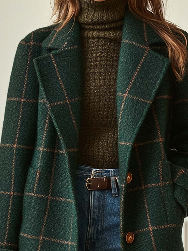 Chic women's plaid lapel coat, perfect elegant outerwear for classic fall & winter retro style.