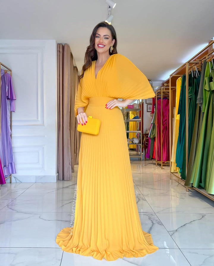 Women's elegant pleated batwing sleeve maxi dress, perfect for wedding guests & formal events.