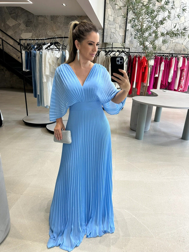 Sophisticated batwing sleeve pleated maxi party dress for women, ideal for evening events & special occasions.
