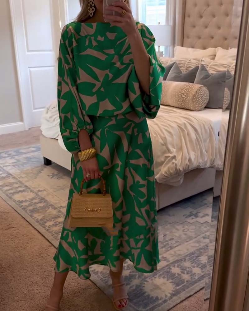 Women's elegant printed two-piece skirt set with stylish lantern sleeves.